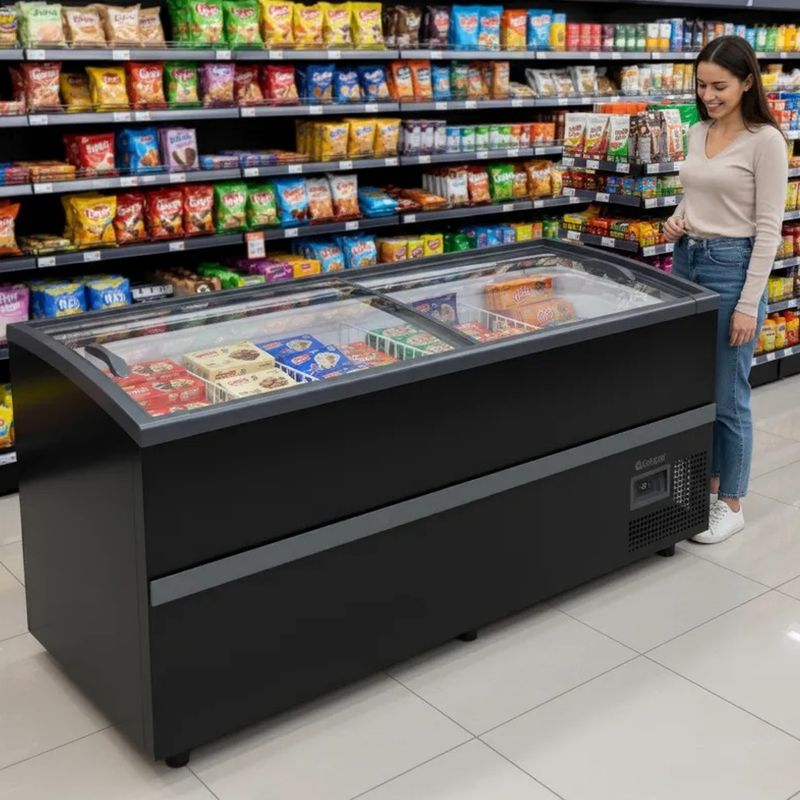 BALCAO-REFRIGERADO-EXPOSITOR-ILHA-DUPLA-ACAO-LED-GISM-190-PRETO-BIVOLT---GELOPAR