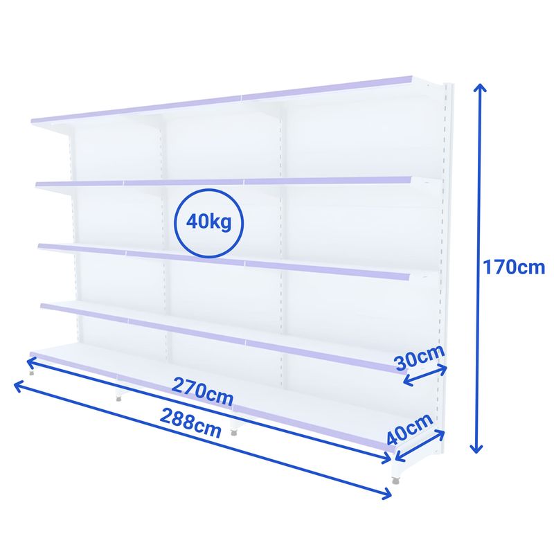 GONDOLA-3-PAREDE-CONTINUACAO-170X90-4-BANDEJAS-30CM---BASE-40CM-BRANCO-PORTA-ETIQUETA-AZUL---AMAPA