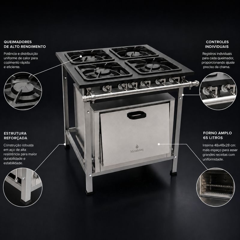 FOGAO-4-BOCAS-30X30CM-GAS-GLP-BAIXA-PRESSAO-PERFIL-65CM-COM-FORNO---METALMAQ