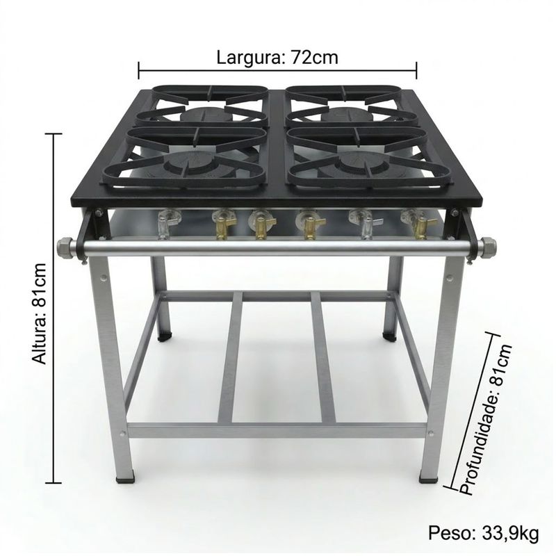 FOGAO-4-BOCAS-30X30CM-GAS-GLP-BAIXA-PRESSAO-PERFIL-5CM-DE-PE---METALMAQ