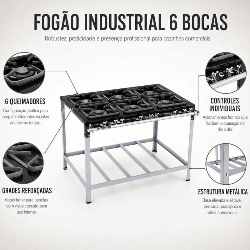FOGAO-6-BOCAS-30X30CM-GAS-GLP-BAIXA-PRESSAO-PERFIL-5CM-DE-PE---METALMAQ