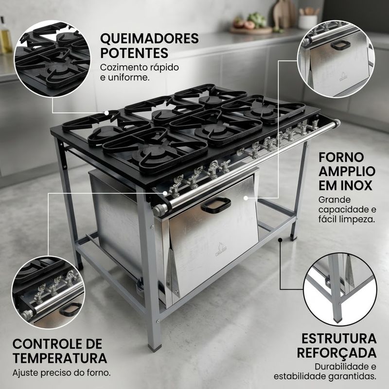 FOGAO-6-BOCAS-30X30CM-GAS-DE-COZINHA-GLP-BAIXA-PRESSAO-PERFIL-5CM-COM-FORNO---METALMAQ