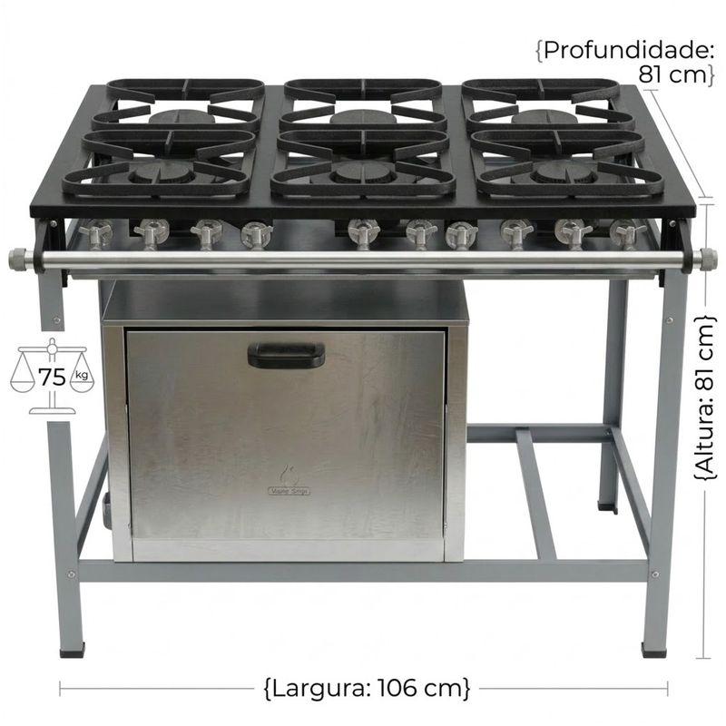 FOGAO-6-BOCAS-30X30CM-GAS-DE-COZINHA-GLP-BAIXA-PRESSAO-PERFIL-5CM-COM-FORNO---METALMAQ
