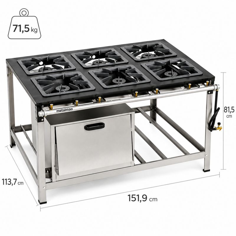 FOGAO-6-BOCAS-40X40CM-GAS-DE-COZINHA-BAIXA-PRESSAO-PERFIL-9CM-FORNO---METALMAQ