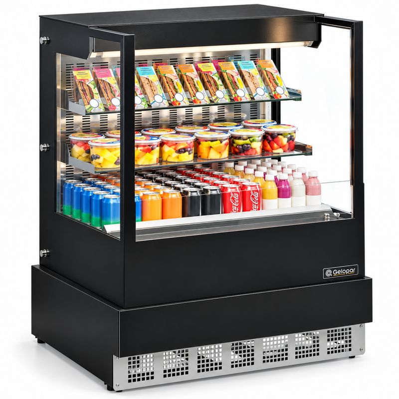 VITRINE-REFRIGERADA-ABERTA-AR-FORCADO-GGEA-100-PRETO-VIDRO-RETO-SEM-BANDEJA-220V---GELOPAR
