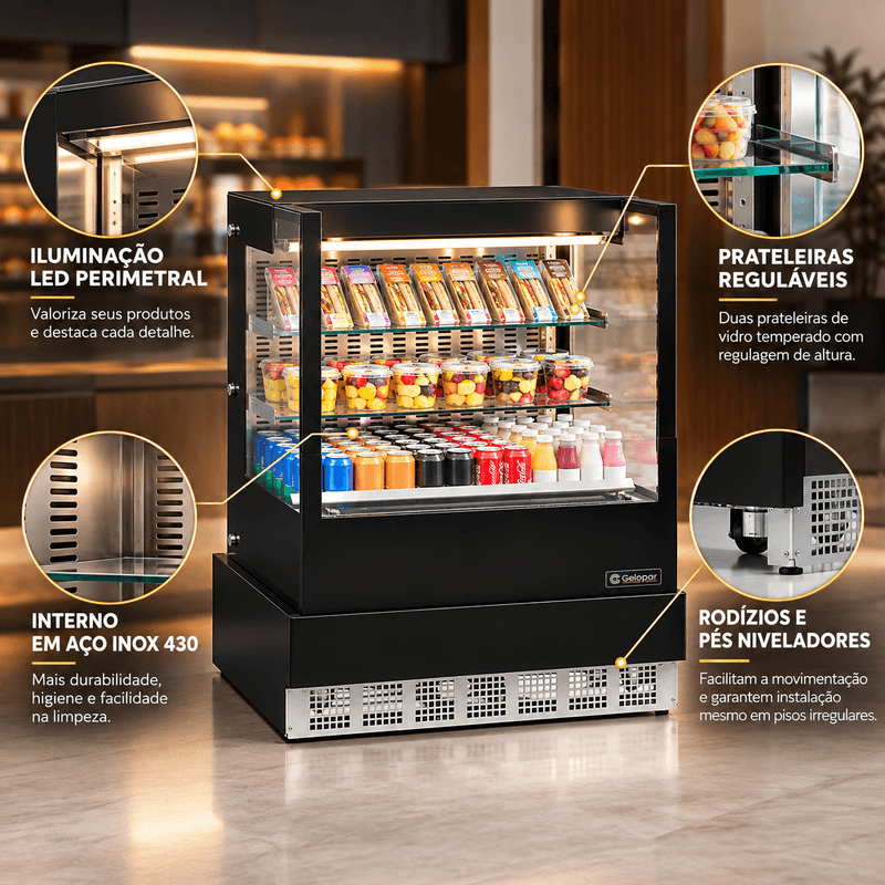 VITRINE-REFRIGERADA-ABERTA-AR-FORCADO-GGEA-100-PRETO-VIDRO-RETO-SEM-BANDEJA-220V---GELOPAR