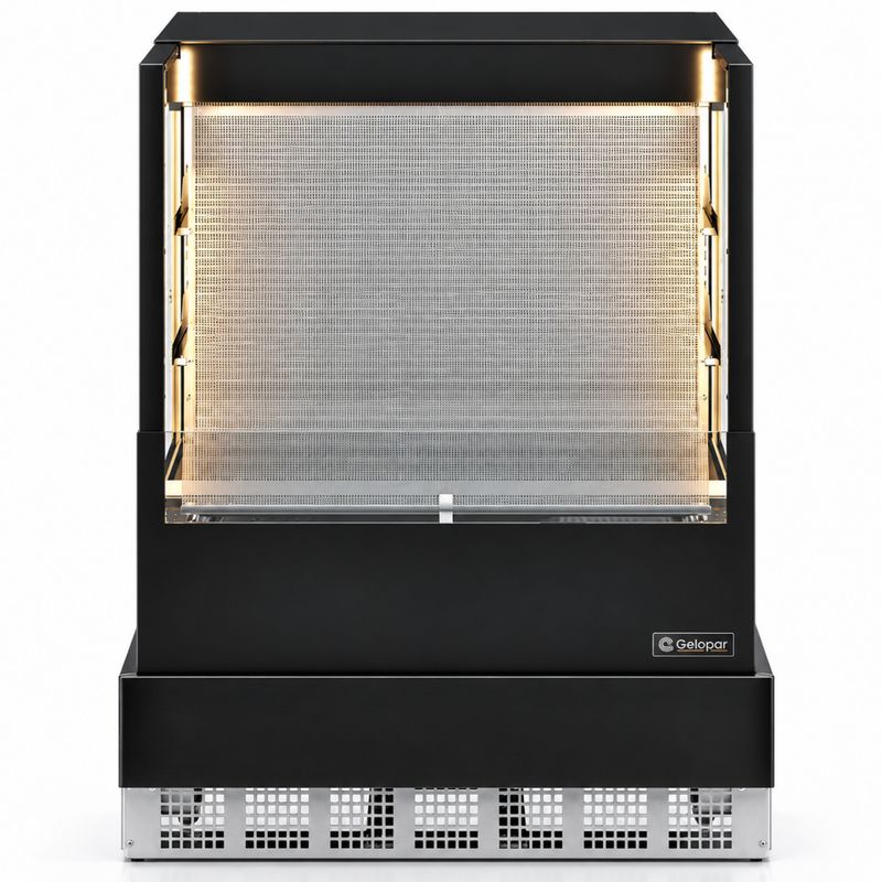 VITRINE-REFRIGERADA-ABERTA-AR-FORCADO-GGEA-100-PRETO-VIDRO-RETO-SEM-BANDEJA-220V---GELOPAR